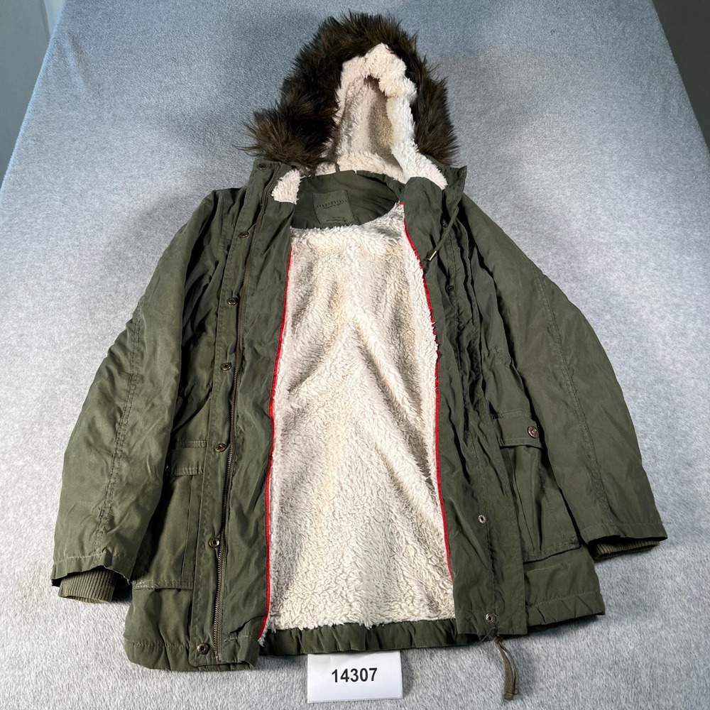 Aeropostale Parka Jacket Women M Green Sherpa Faux Fur Hood Long Sleeve Full Zip